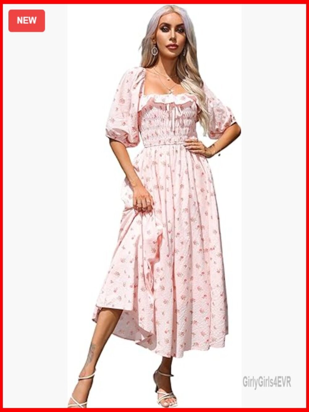 Women's Cotton Floral Midi Dress Square Neck Puff Sleeve A-Line Empire Waist